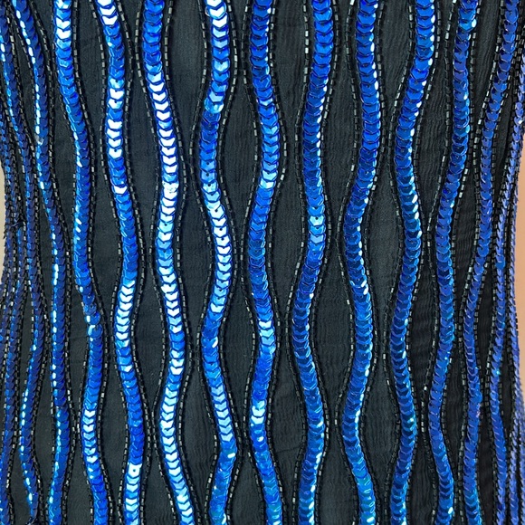 Vtg STENAY 100% Silk Top Black Blue Sequin Beaded Stripe Silk Short Sleeve 80s - Picture 2 of 10